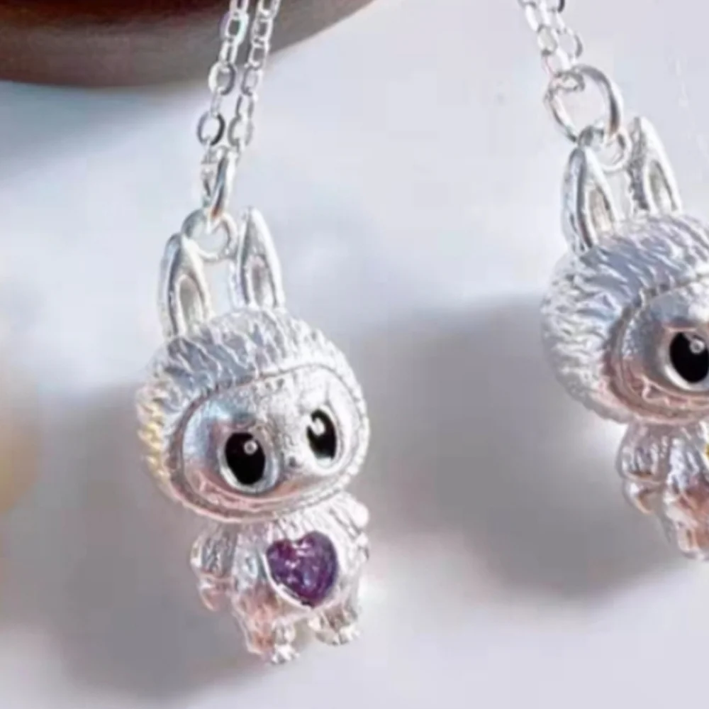 Labubu Inspired 925 Sterling Silver Purple Heart Necklace Artisan Edition